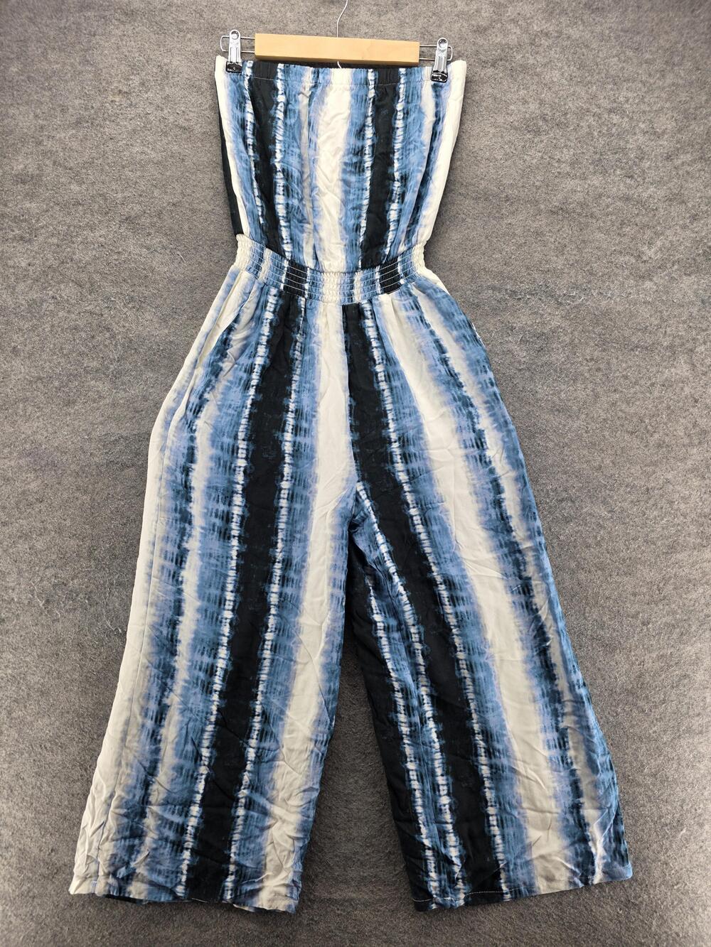 Peyton Jensen Jumpsuit Womens XS Blue Tie Dye Strapless Cropped Wide Leg Relaxed